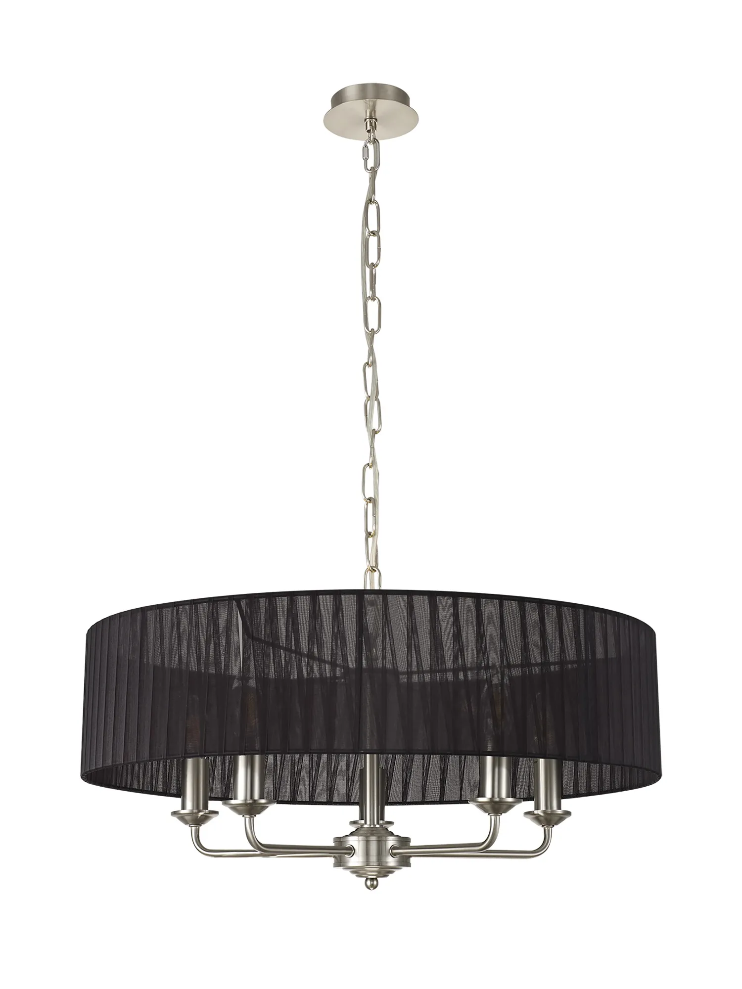 Banyan 5 Light Multi Arm Pendant With 60cm x 15cm Organza Shade Satin Nickel/Black DK0876  Deco Banyan SN BL